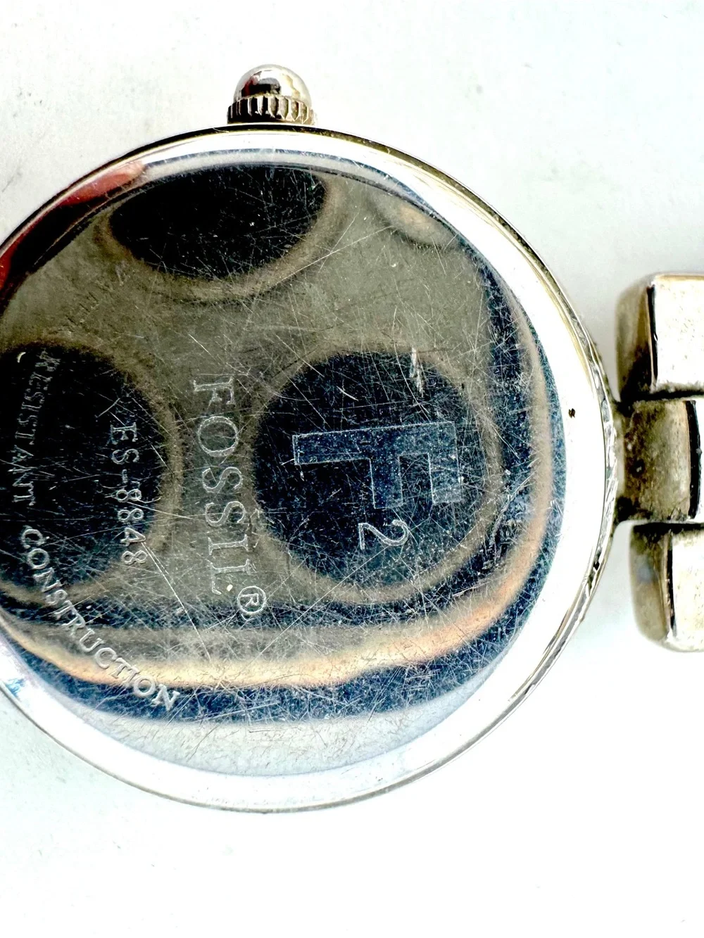Vintage Y2K Fossil Women's Silver Bracelet Watch with Mother-of-Pearl Dial